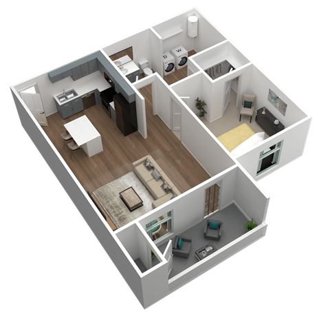1 bed 1bath 3d floor plan at Gateway Apartments, East Wenatchee , WA